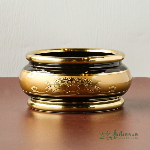 雙色3.8寸蓮花淨爐｜黑金亮面・浮雕蓮花，家用佛桌必備