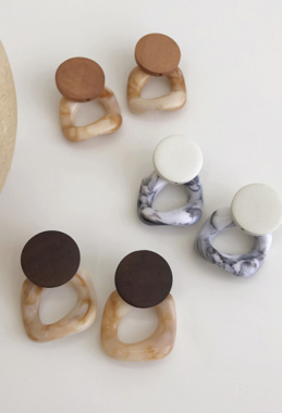 木頭圓片石紋耳環 Woody Stone Earrings