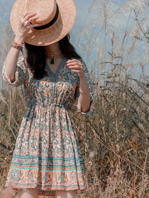 【L現貨】異國圖騰綁帶連身裙(SML)20030063