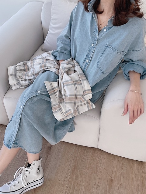 復古隨性牛仔襯衫長洋裝 20030084