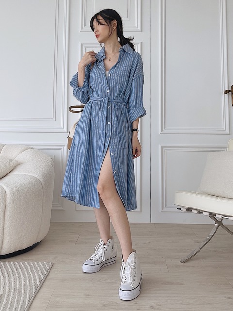 【現貨】慵懶隨性襯衫條紋洋裝 20030101