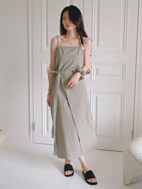 韓系棉麻綁帶條紋洋裝(附髮圈) 20030169