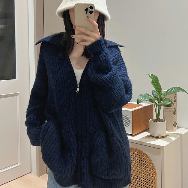 厚料質感翻領兩穿式毛衣外套 20010368