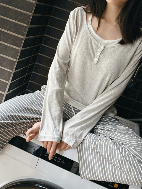 【L,XL現貨】坑紋兩件式條紋睡衣套裝(M-XL) 20100028