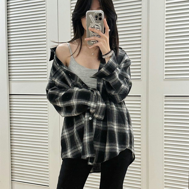 韓系男友風長版格紋襯衫 17AW0109