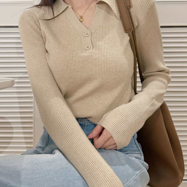 韓系坑紋polo領長袖針織(三色) 20010370