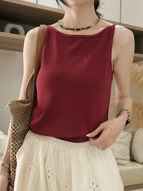 復古紅質感削肩針織背心(四色) 20010393