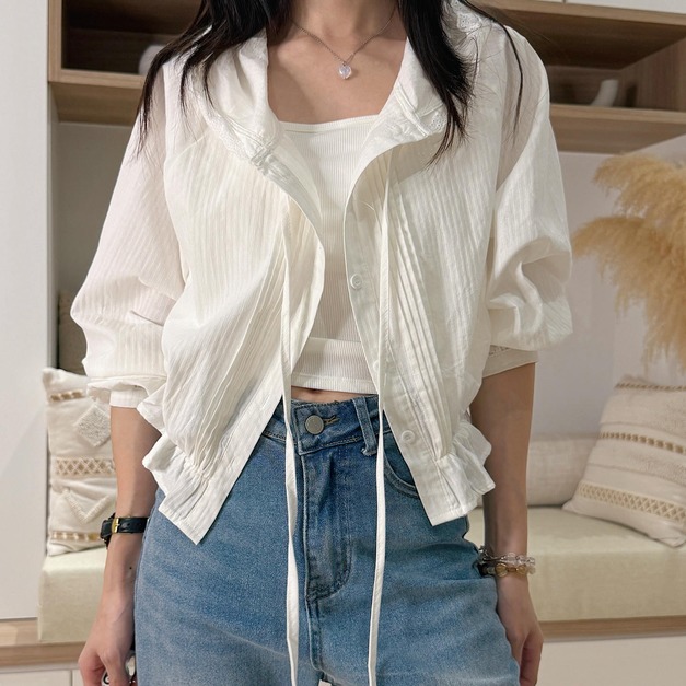 法式壓褶連帽短版收腰襯衫 20010402