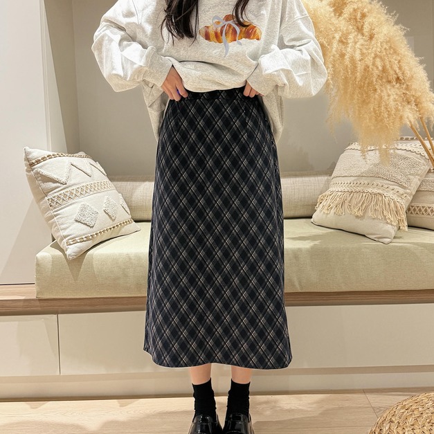 復古斜格紋後開衩長裙(ML) 20020243