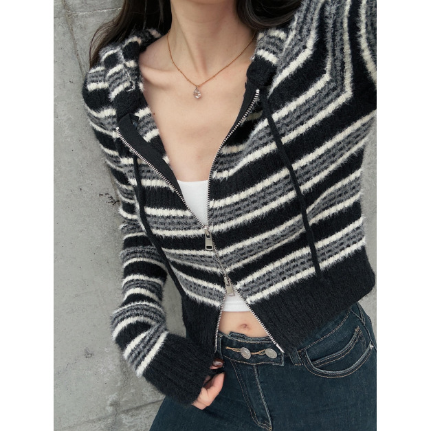 【現貨】條紋短版針織連帽外套 20010410
