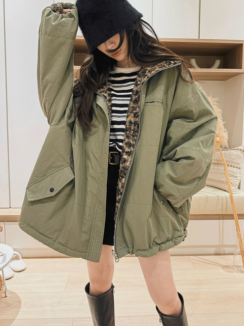 韓系冬日豹紋軍裝雙面外套 20040128