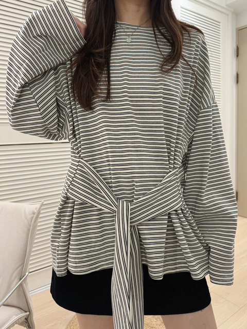 【現貨】韓系寬版條紋綁帶上衣 20010419