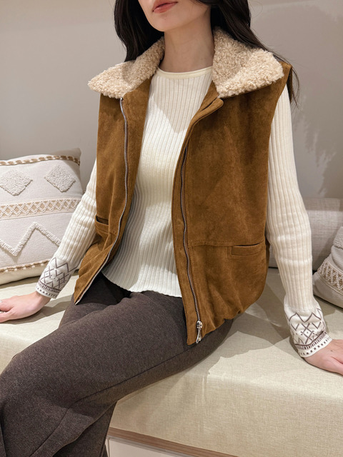 冬日毛領麂皮鋪棉背心 20010420