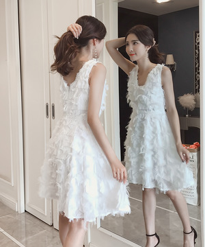 韓版無袖羽毛流蘇A字裙(2色)