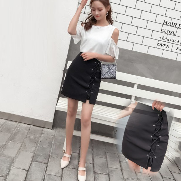 韓版交叉綁帶設計高腰短裙