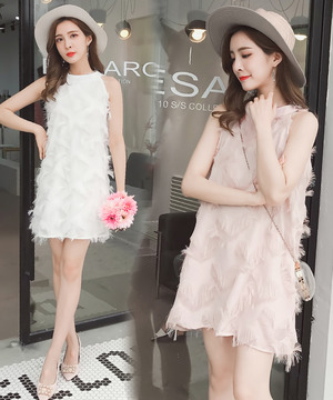 韓版削肩羽毛流蘇氣質連身裙(3色)