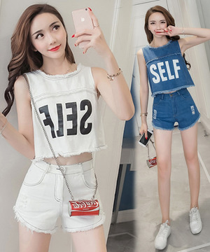 韓版休閒款無袖短褲牛仔套裝