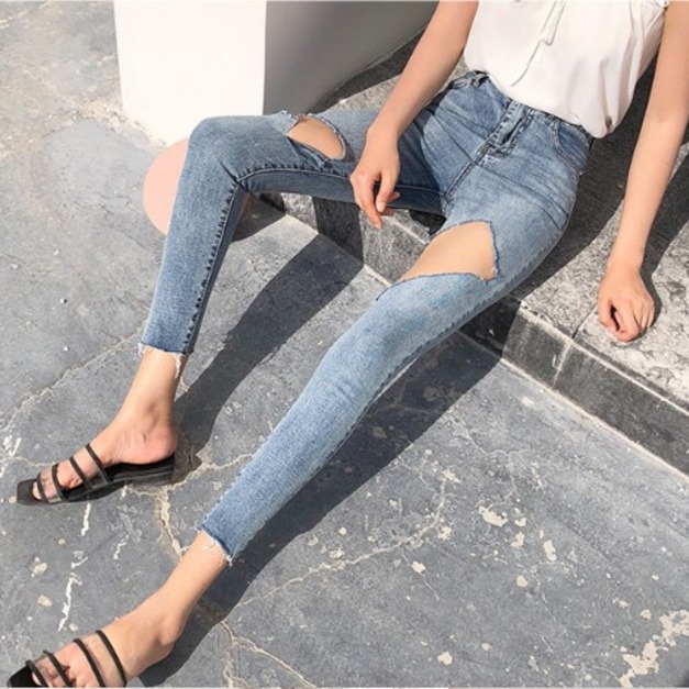 韓版不規則裁切設計破洞牛仔褲