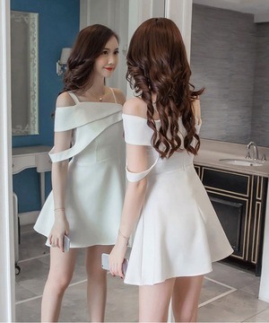韓版性感不規則一字露肩連身裙(3色)