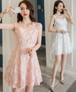 韓版羽毛透視網紗修身洋裝(3色)