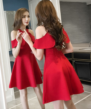 韓版披肩設計性感圍脖式洋裝(2色)