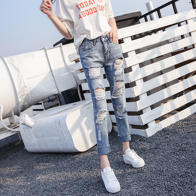 韓版個性刷破九分牛仔褲