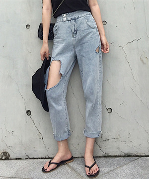 韓版破洞男朋友束口牛仔褲