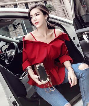 韓版性感一字領束腰荷葉下擺五分袖上衣