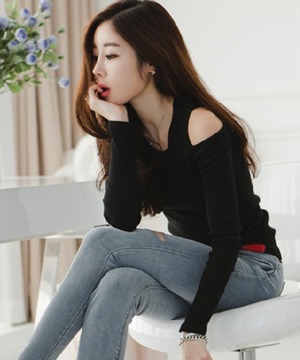韓版性感挖肩修身顯瘦長袖上衣
