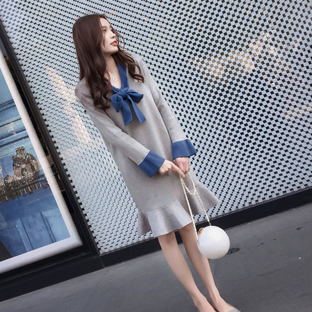 韓版甜美V領蝴蝶結拼色休閒連身裙(2色)