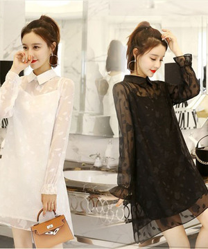 韓版甜美葉片網紗兩件套連身裙(2色)