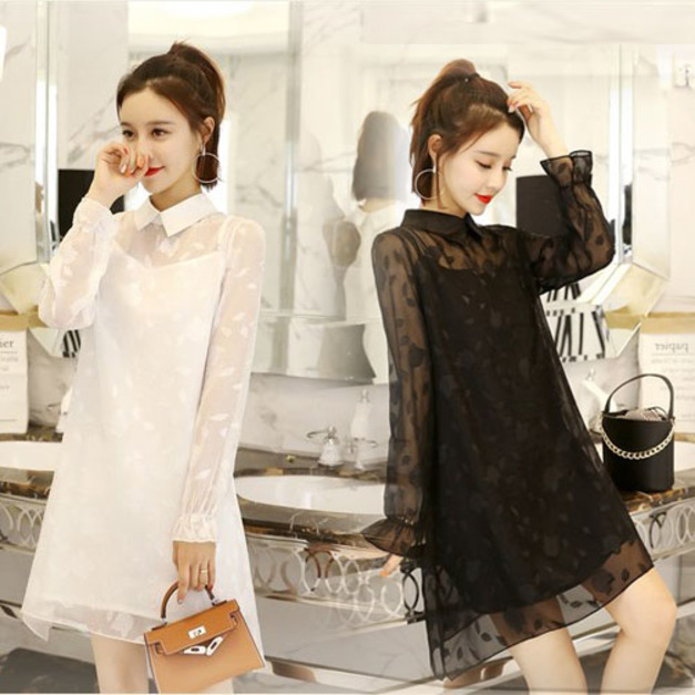 韓版甜美葉片網紗兩件套連身裙(2色)