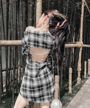 韓版格紋性感挖空露背長版襯衫