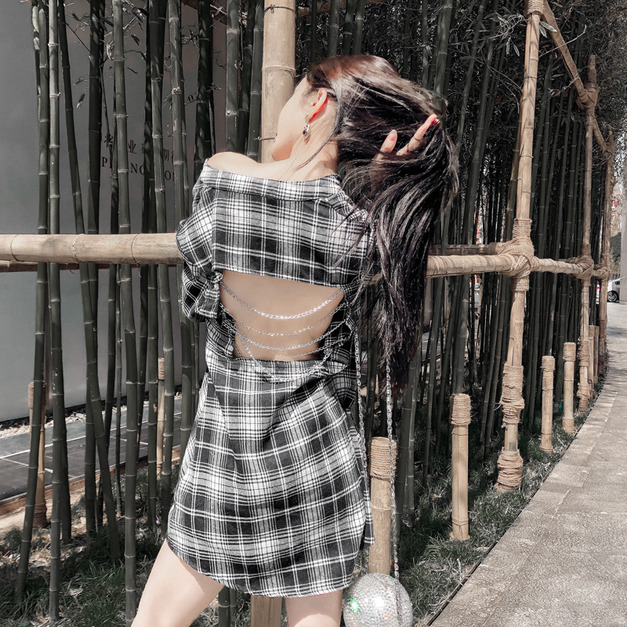 韓版格紋性感挖空露背長版襯衫