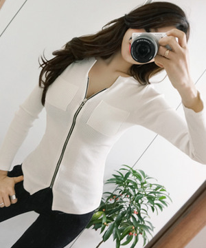 性感V領拉鍊低胸針織短版長袖上衣(3色)