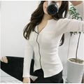 性感V領拉鍊低胸針織短版長袖上衣(3色)_1
