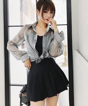 韓版小性感綁腰銀絲襯衫短裙三件套裝