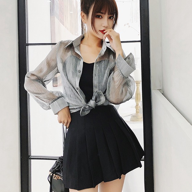 韓版小性感綁腰銀絲襯衫短裙三件套裝