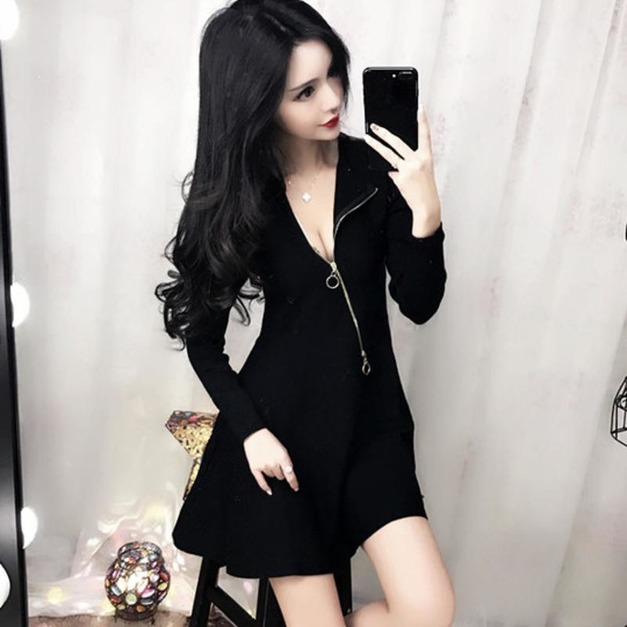韓版性感低胸拉鍊西裝設計連身裙(2色)