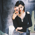 韓版性感挖肩拉鍊低胸短版長袖上衣(2色)_1