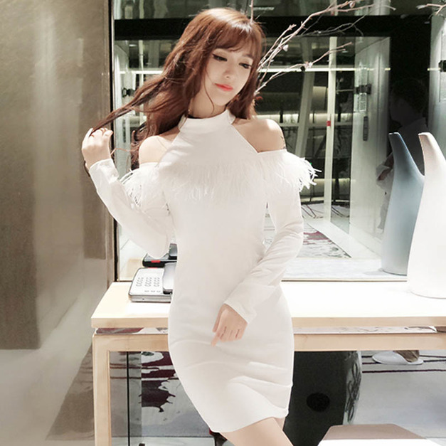 韓版性感削肩毛毛長袖包臀連身裙