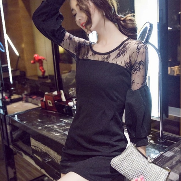 性感甜美一字透視燈籠包臀連身裙