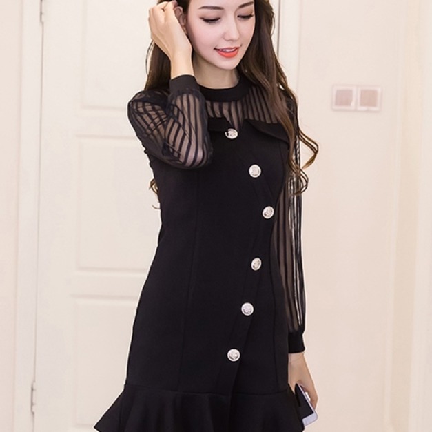 韓版透視直排扣魚尾包臀連身裙