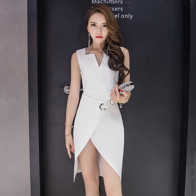 韓版收腰不規則開衩中長連身裙(2色)