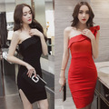 性感名媛荷葉斜肩開衩包臀連身裙(2色)_4