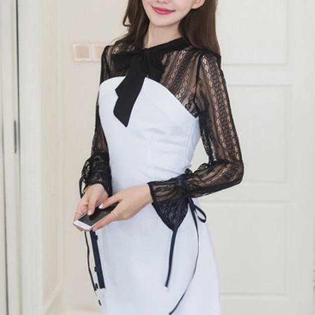 韓版小性感蕾絲拼接蝴蝶結包臀連身裙