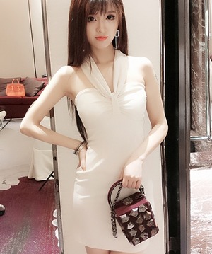 韓版性感一字領掛脖多穿法包臀連身裙(2色)