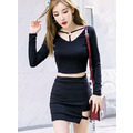 韓版性感簍空露腰短版包臀兩件套裝