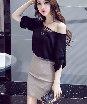 韓版性感露肩V領破洞包臀輛件套裝