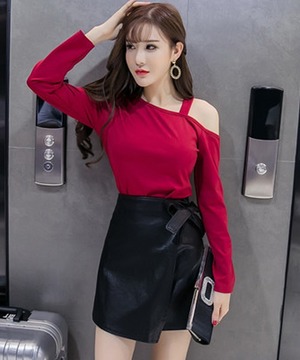 性感長袖露肩皮裙修身兩件套裝